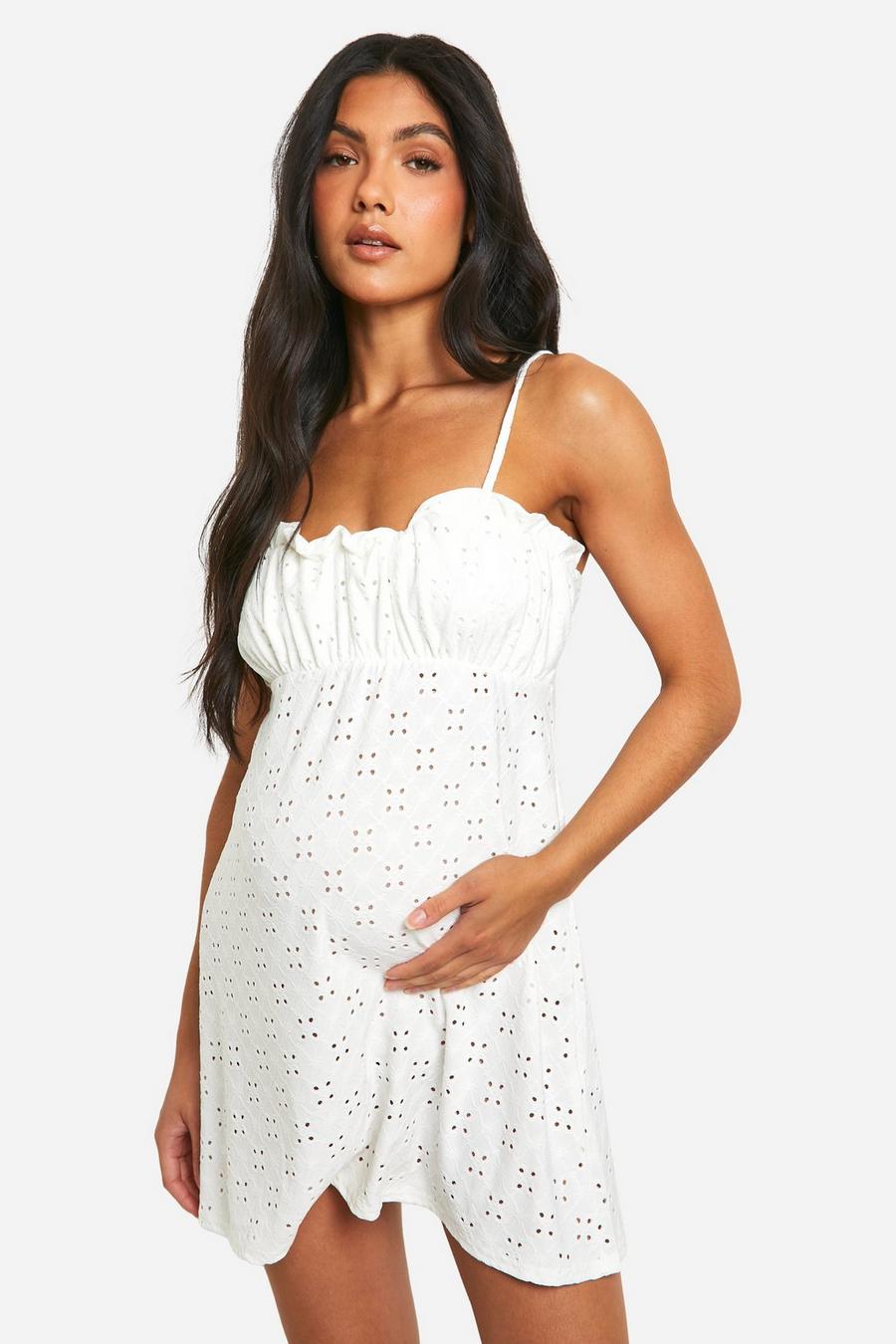 White Maternity Jersey Knit Eyelet Strappy Cami Mini Dress image number 1
