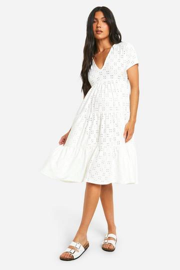 Maternity Jersey Broderie Short Sleeve Smock Midi Dress white