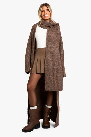 Knitted Maxi Cardigan And Oversized Scarf Set mocha