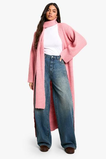 Pink Knitted Maxi Cardigan And Oversized Scarf Set