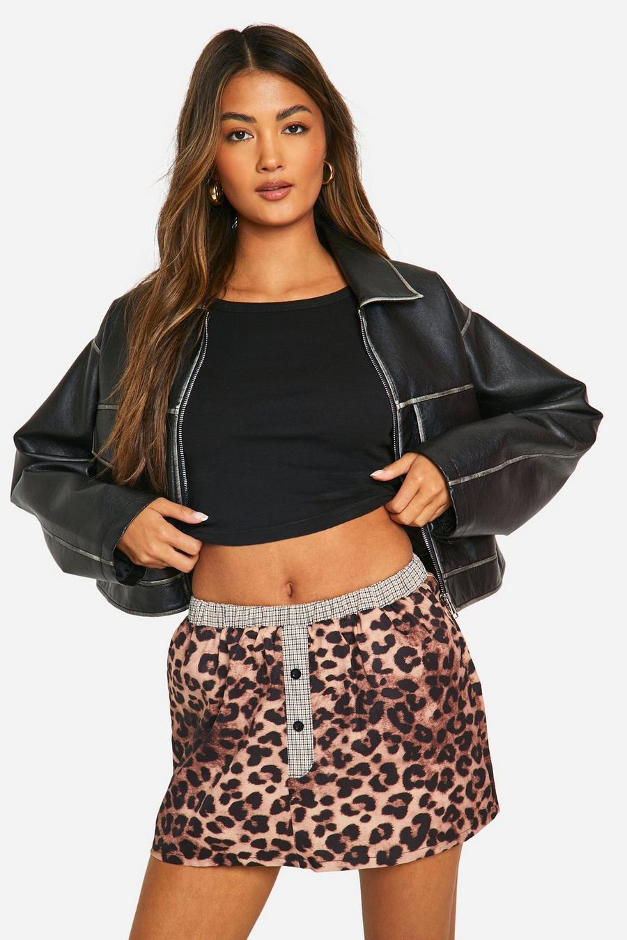 Contrast Boxer Waistband Detail Leopard Print Mini Skirt 