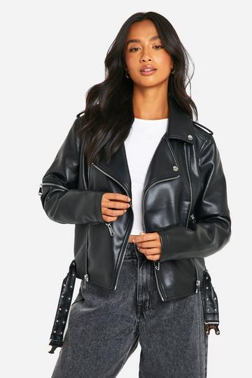 Black Petite Belt Detail Faux Leather Biker Jacket