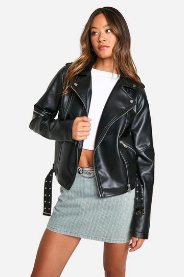 Tall Belt Detail Faux Leather Biker Jacket black