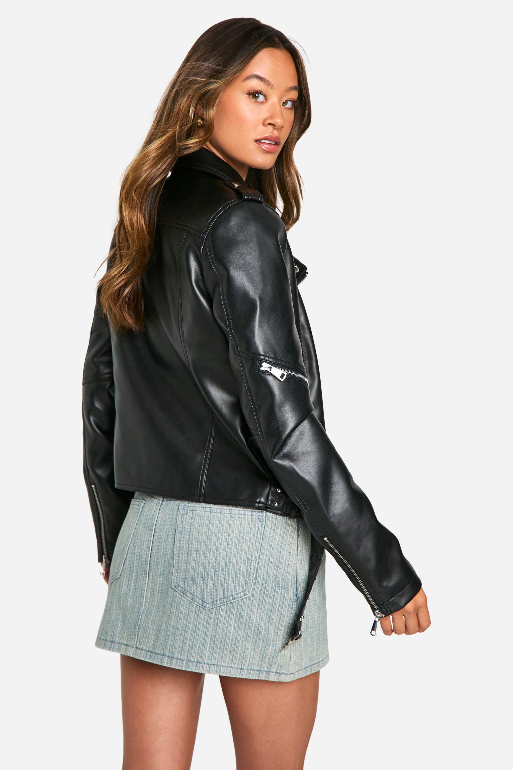 Tall Belt Detail Faux Leather Moto Jacket | boohoo USA
