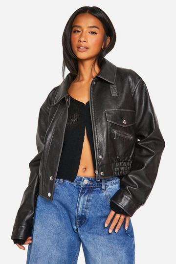 Petite Vintage Look Faux Leather Bomber Jacket black