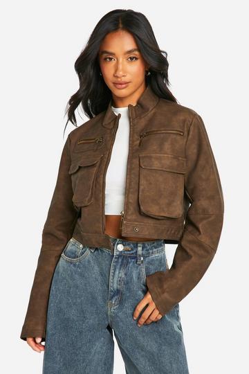 Petite Cropped Pocket Detail Faux Leather Biker Jacket brown