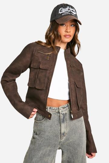 Tall Cropped Pocket Detail Faux Leather Biker Jacket brown