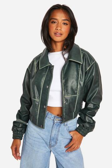 Teal Green Petite Vintage Look Faux Leather Jacket