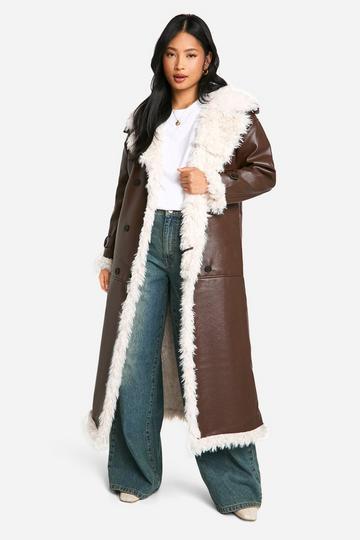 Brown Petite Faux Leather Longline Coat