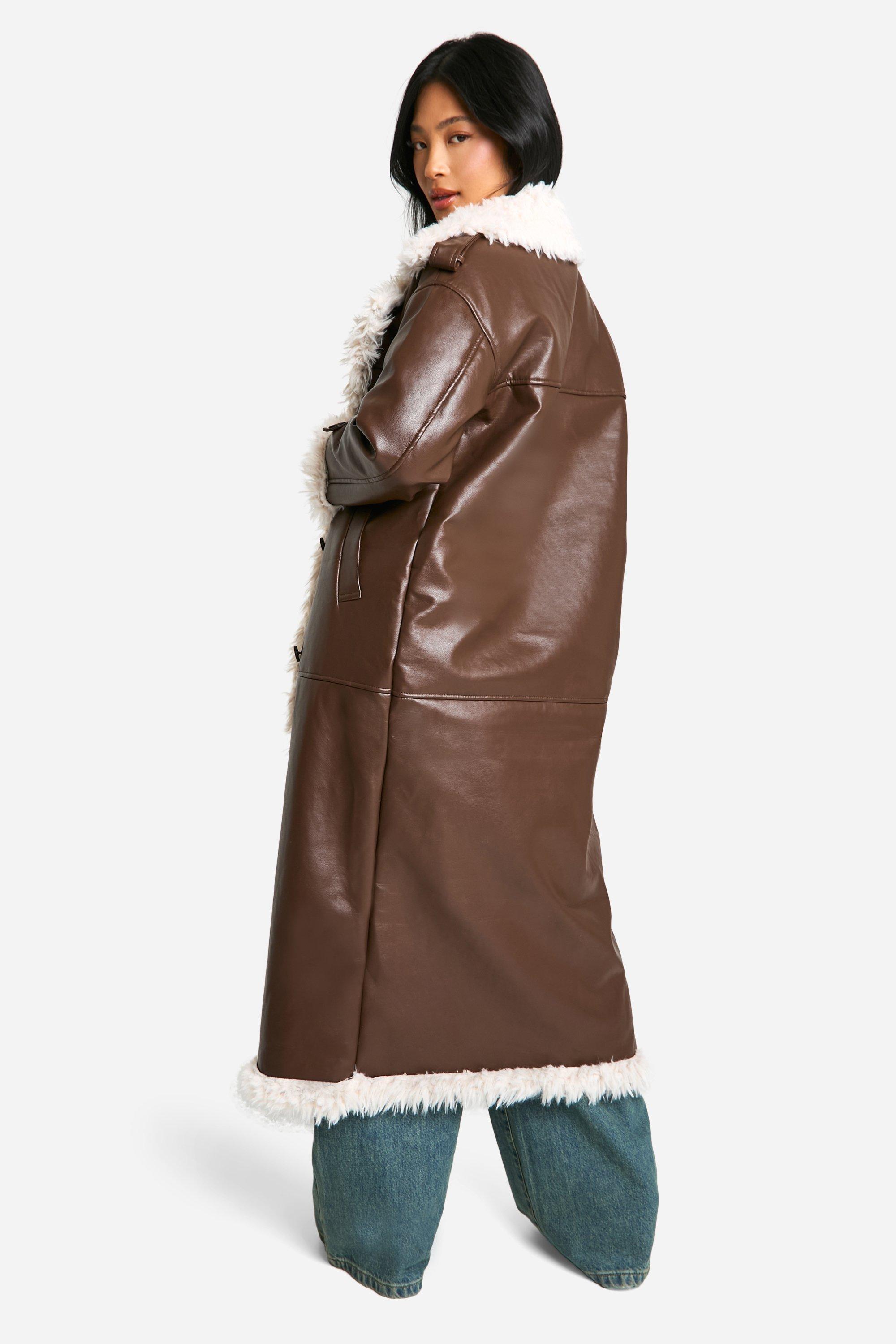 Boohoo Women s Petite Faux Leather Longline Coat Brown