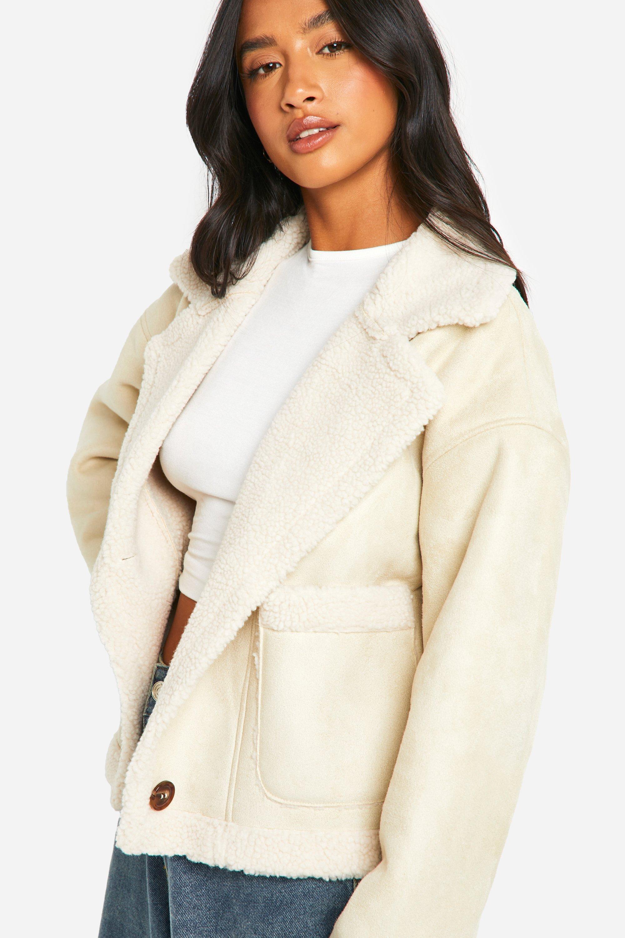 boohoo Petite Borg Lined Faux Suede Jacket Beige Size 2