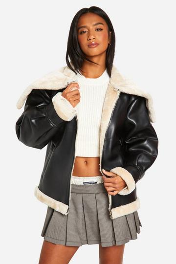 Petite Faux Fur Collar Leather Jacket black