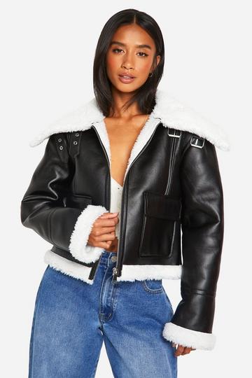 Black Petite Faux Fur Lined Leather Jacket