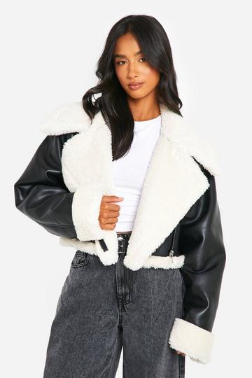 Petite Faux Fur Lined Cropped Leather Jacket black