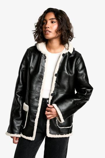 Black Tall Borg Lined Faux Leather Hooded Coat