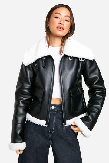 Black Tall Faux Fur Collar Leather Jacket