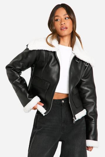 Tall Faux Fur Lined Leather Jacket black