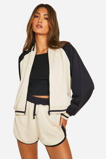 Tricot Colour Block Bomber Zip Through Sweatshirt Short Tracksuit stone