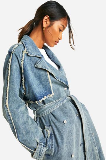 Raw Hem Belted Denim Trench Coat mid wash