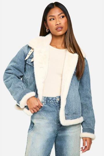 Faux Fur Trim Denim Aviator mid wash