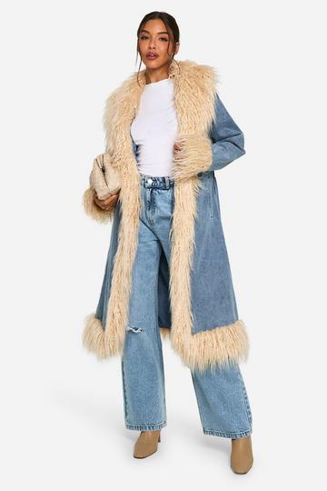 Faux Fur Trim Belted Denim Coat light wash