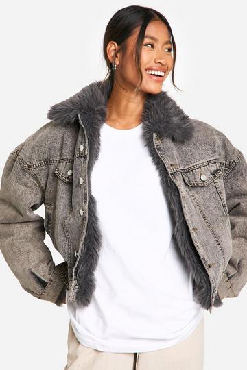 Grey Faux Fur Collar Denim Jacket