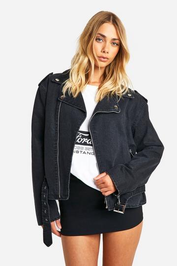 Denim Biker Jas Met Ceintuur washed black