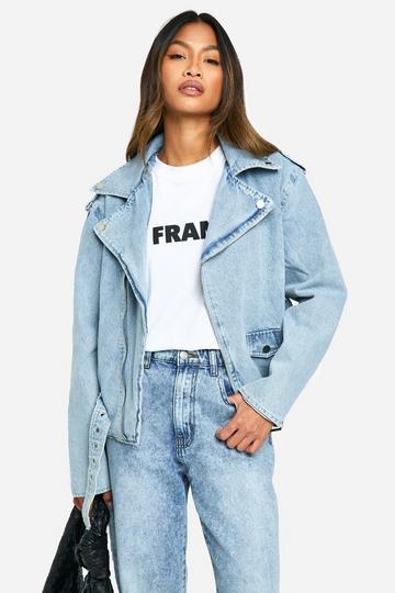 Veste biker en jean à ceinture light wash