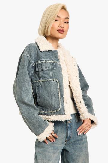 Teddy Trim Denim Jacket mid wash