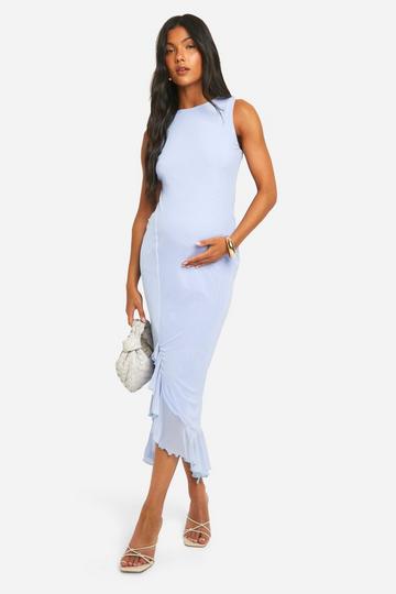 Maternity Mesh Racer Neck Frill Split Midaxi Dress bright blue