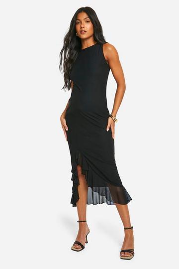 Maternity Mesh Racer Neck Frill Split Midaxi Dress black