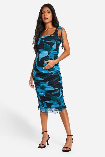 Maternity Floral Print Ruffle Ruched Mesh Midi Dress black