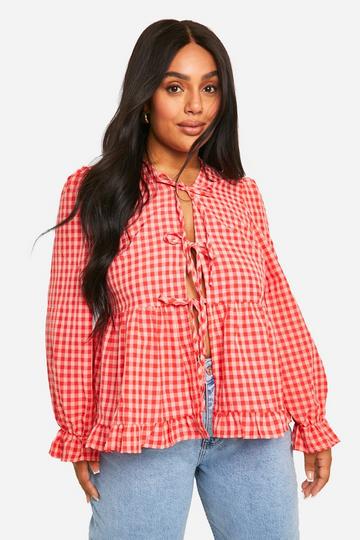 Plus Gingham Ruffle Detail Tie Front Top pink