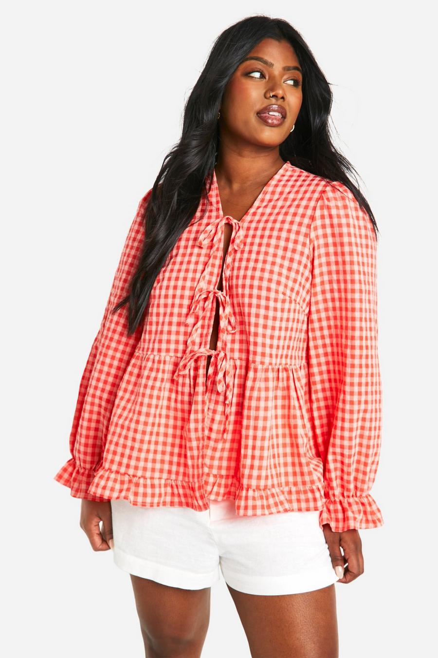 Pink Plus Gingham Ruffle Detail Tie Front Top image number 1