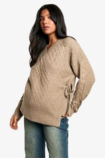 Maternity Soft Cable Knitted Wrap Cardigan mocha