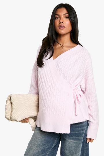 Maternity Soft Cable Knitted Wrap Cardigan pink