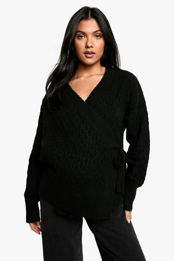 Black Maternity Soft Cable Knitted Wrap Cardigan