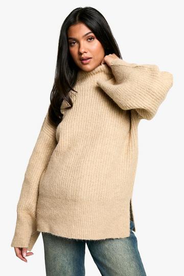 Zwangerschap Oversized Gebreide Trui Met Hoge Hals oatmeal