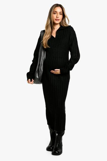 Maternity Soft Knit Thick Rib Collar Detail Maxi Dress black