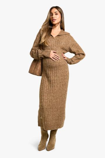 Maternity Soft Knit Thick Rib Collar Detail Maxi Dress camel