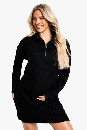 Maternity Soft Knit Thick Rib Zip Neck Oversize Mini Dress black