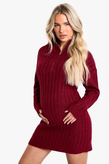 Maternity Soft Knit Thick Rib Zip Neck Oversize Mini Dress berry