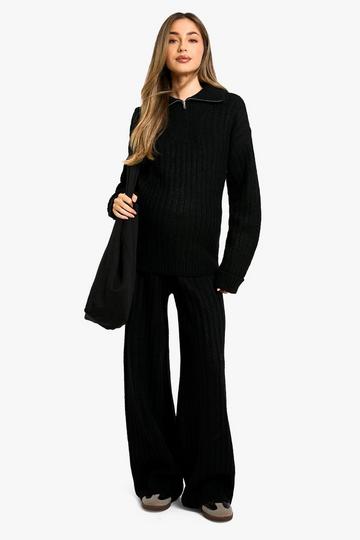 Zwangerschap Zachte Gebreide Dik Geribbelde Oversized Trui Met Hals Rits En Wide Leg Broek Set black