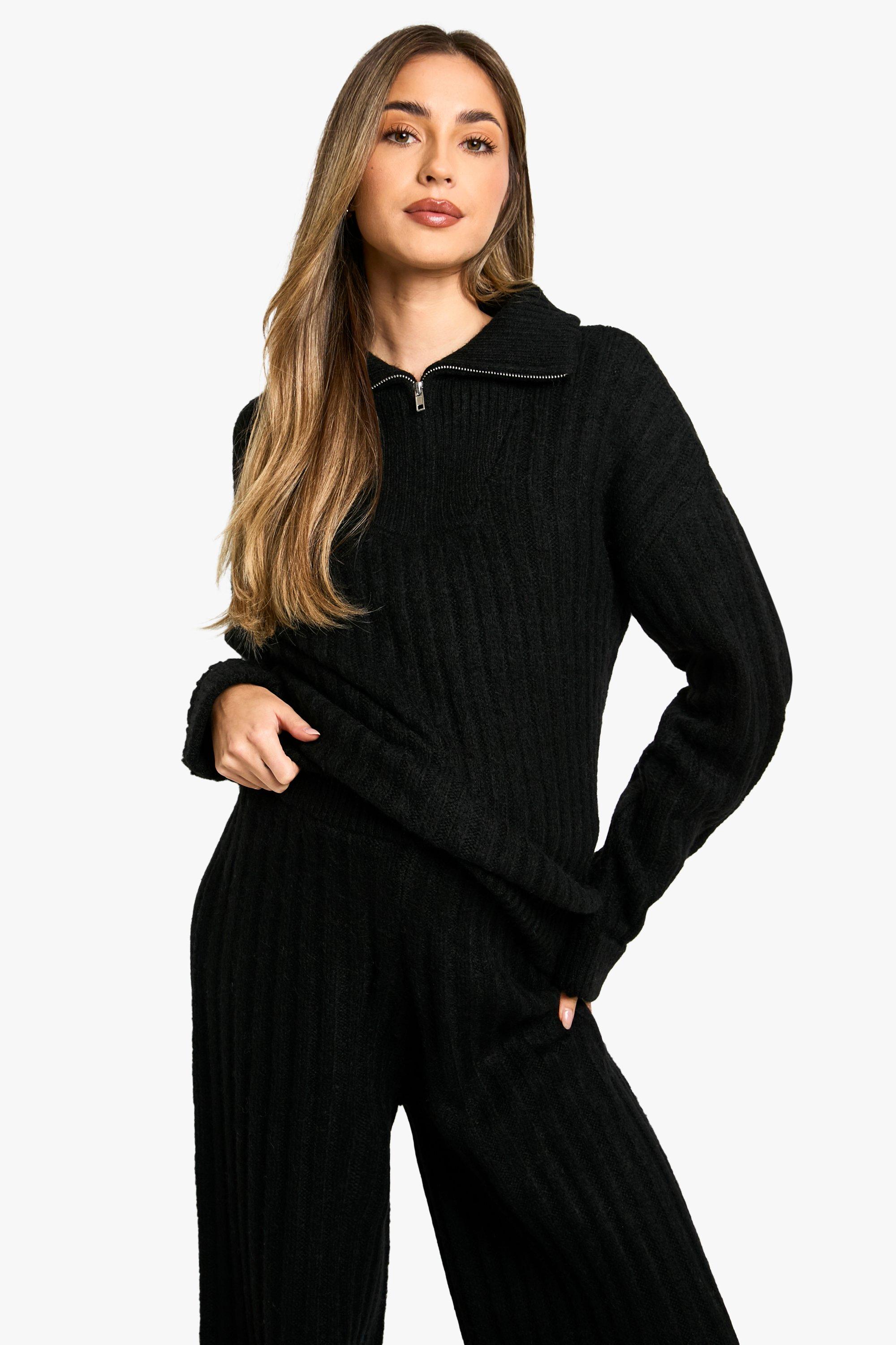 Boohoo Women s Maternity Soft Knit Thick Rib Zip Neck Oversized Jumper And Wide Leg Trouser Set Black