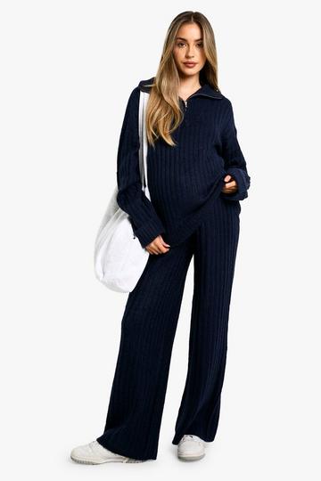 Maternity Soft Knit Thick Rib Zip Neck Oversized Jumper And Wide Leg Pants Set navy