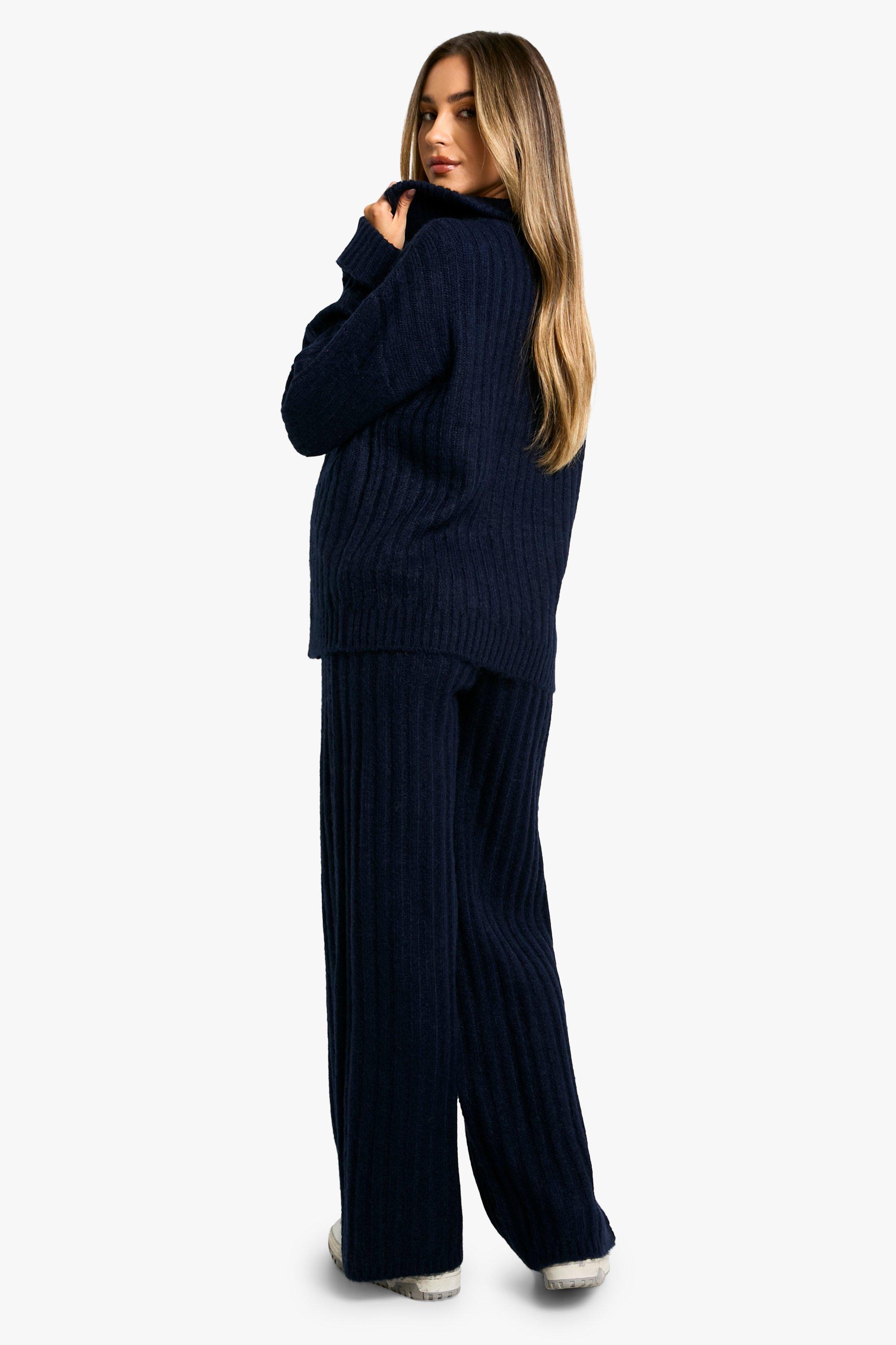 boohoo Women s Maternity Soft Knit Thick Rib Zip Neck Oversized Sweater and Wide Leg Pants Set Blue