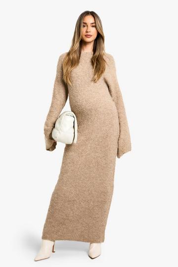 Maternity Borg Flare Sleeve Knitted Maxi Dress camel