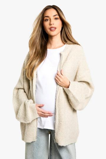 Ecru White Maternity Borg Knitted Oversized Bomber Jacket