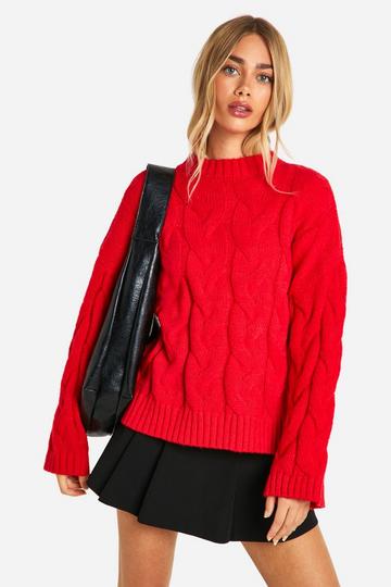 Drop Shoulder All Over Cable Oversized Sweater rich red