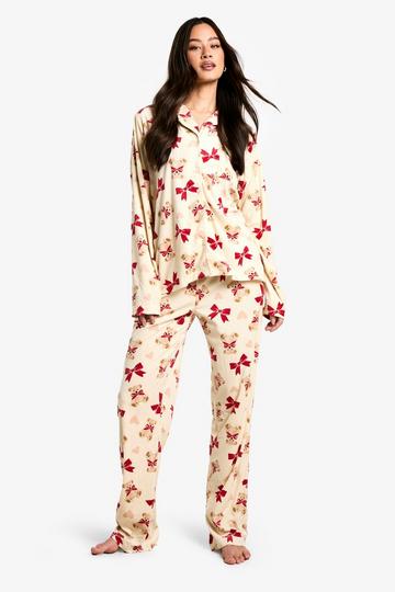 Tall Bear And Bow Print Fleece Pyjama Set brown